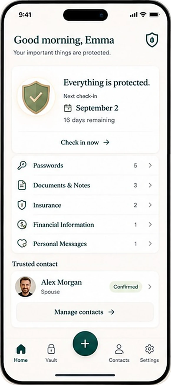 Clad Vault home screen showing protected status, the next check-in date, vault categories, and a confirmed trusted contact
